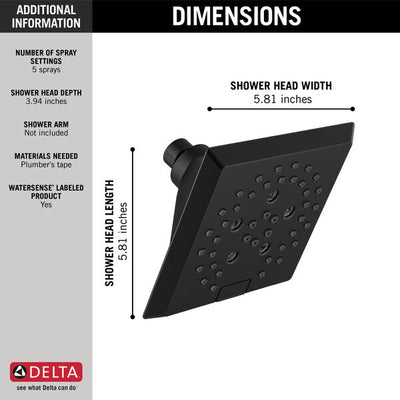 Ducha Fija Cuadrada 14.8X14.8cm Negro Mate - Delta H2OKinetic Raincan 5 Funciones